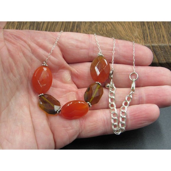 18" Sterling Silver Brown Glass And Orange Stone Necklace Vintage Minimalist - Picture 2 of 6
